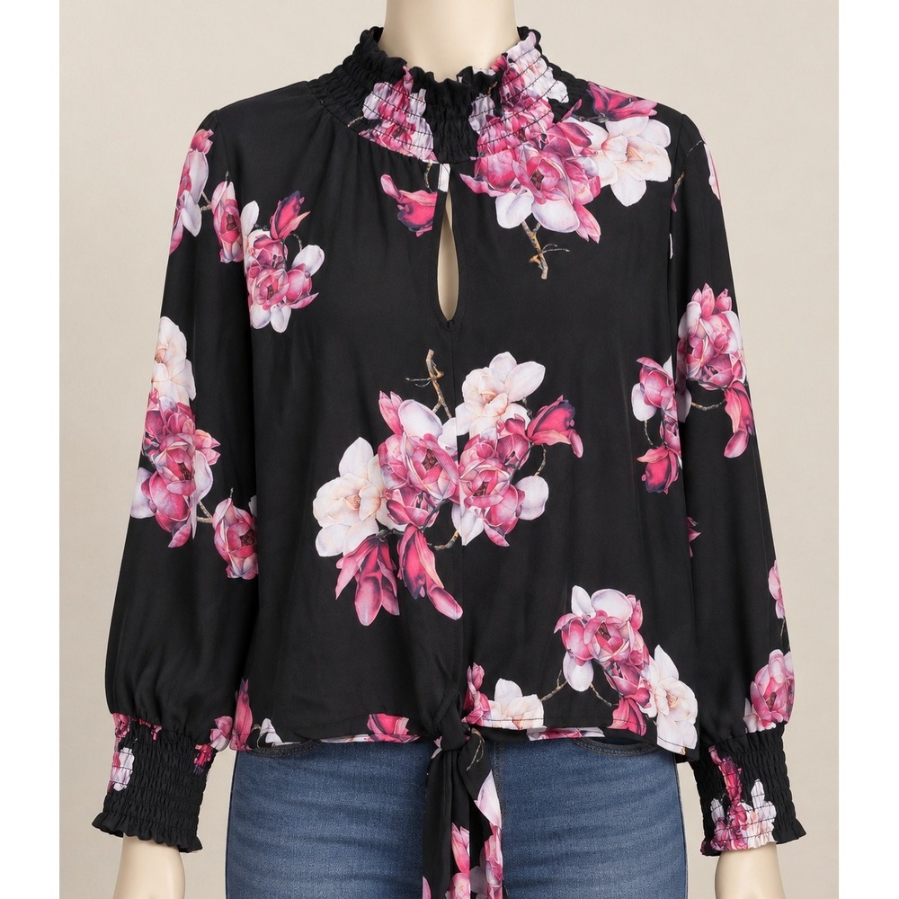Venus Floral Smocked High Neck Keyhole Tie Front Blouse Black Pink Sz 12 (C3-400